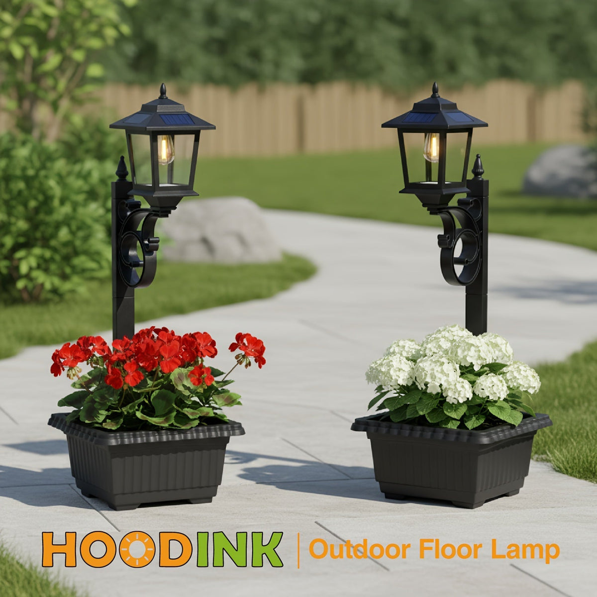 Solar Garden Light HOODINK Black Flower-Pot Lamp Post with Solar Panel, IP44 Label and 1- or 2-Pack Options — image 1