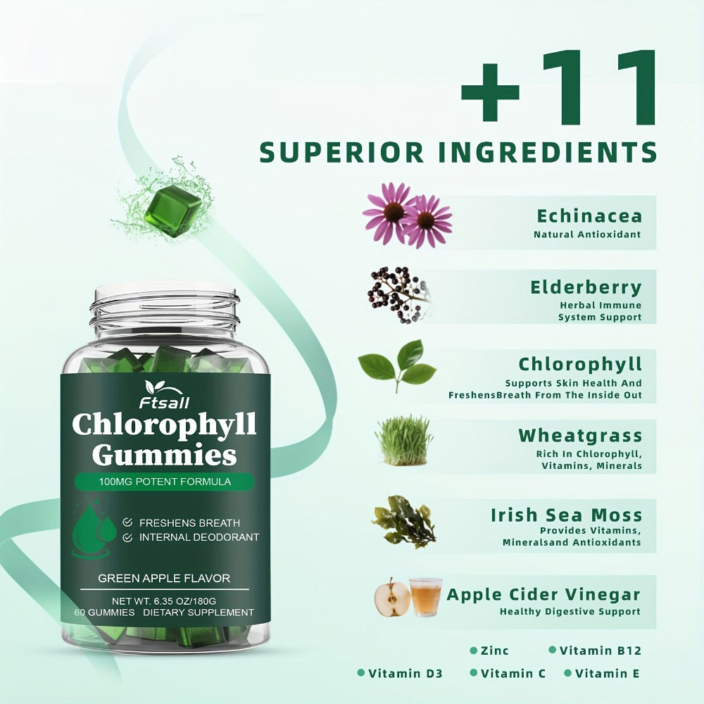 Chlorophyll Gummies 60 Count with Vitamin C D3 E B12 Zinc Irish Sea Moss Elderberry Echinacea & Apple Cider Vinegar — image 3