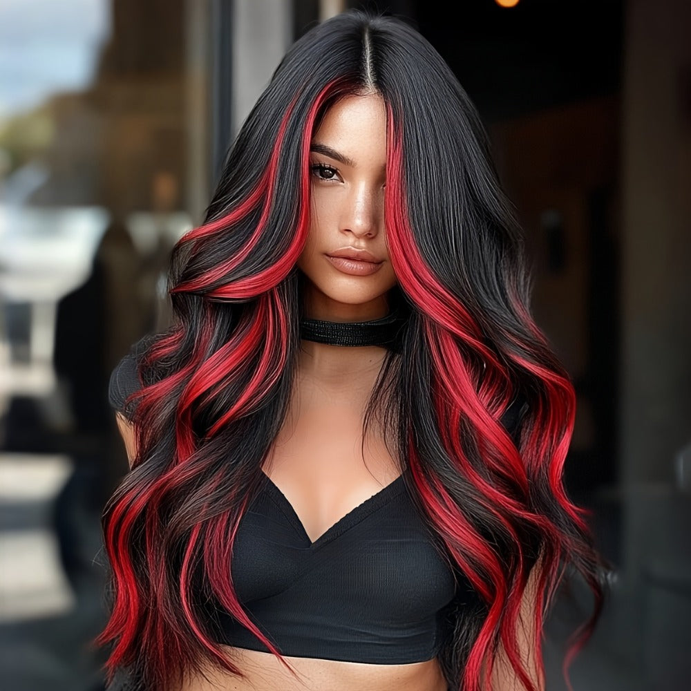 Synthetic Wig 24-Inch Straight Style with Red Highlights, A-Shape Bangs and Adjustable Rose Net Cap — image 2