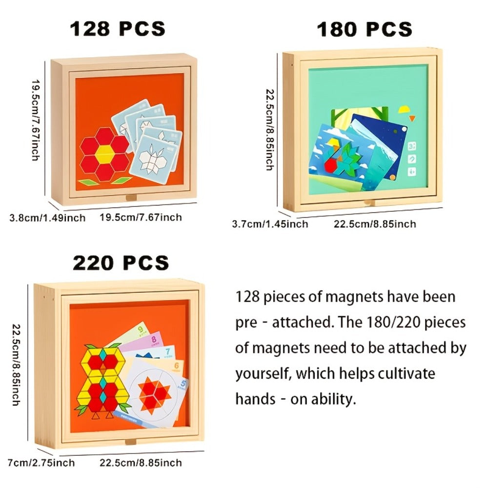 Magnetic Wooden Puzzle Blocks 128 180 220 Piece Set, Geometric Figures Cognitive Learning STEM Toy for Kids — image 2
