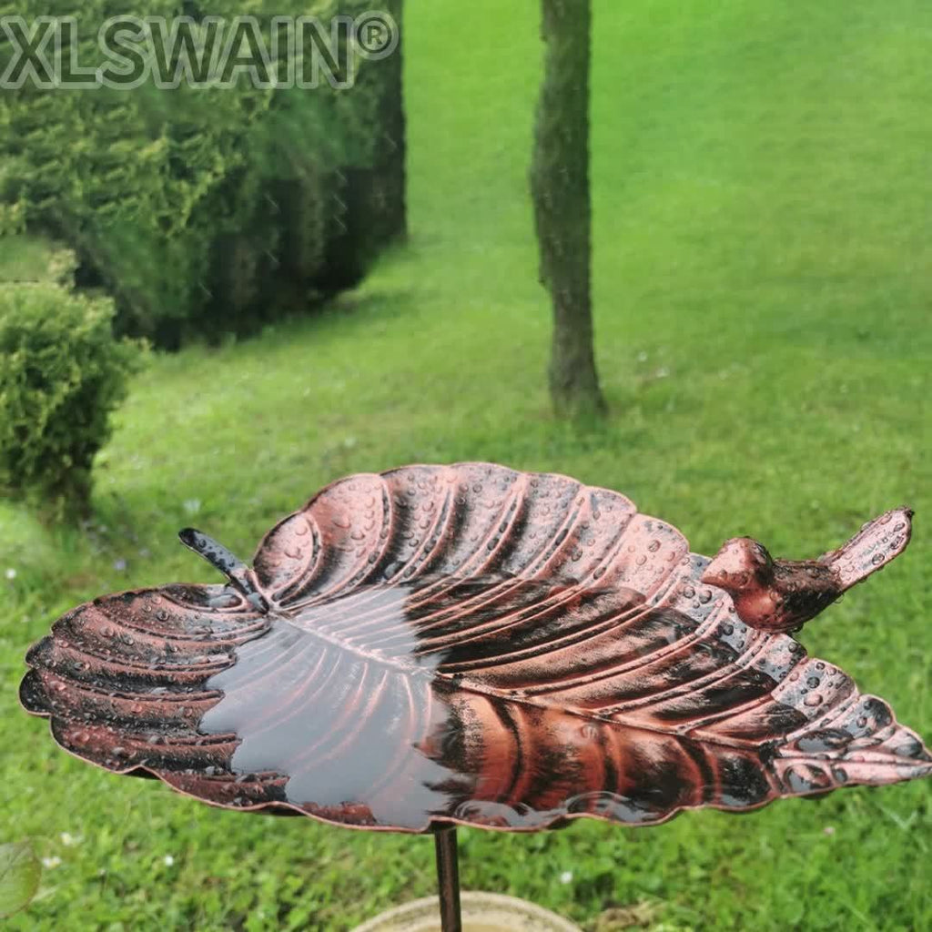 20-Inch Copper-Look Leaf Bird Bath with Bird Accent and Two-Prong Garden Stake for Yard and Lawn — image 9
