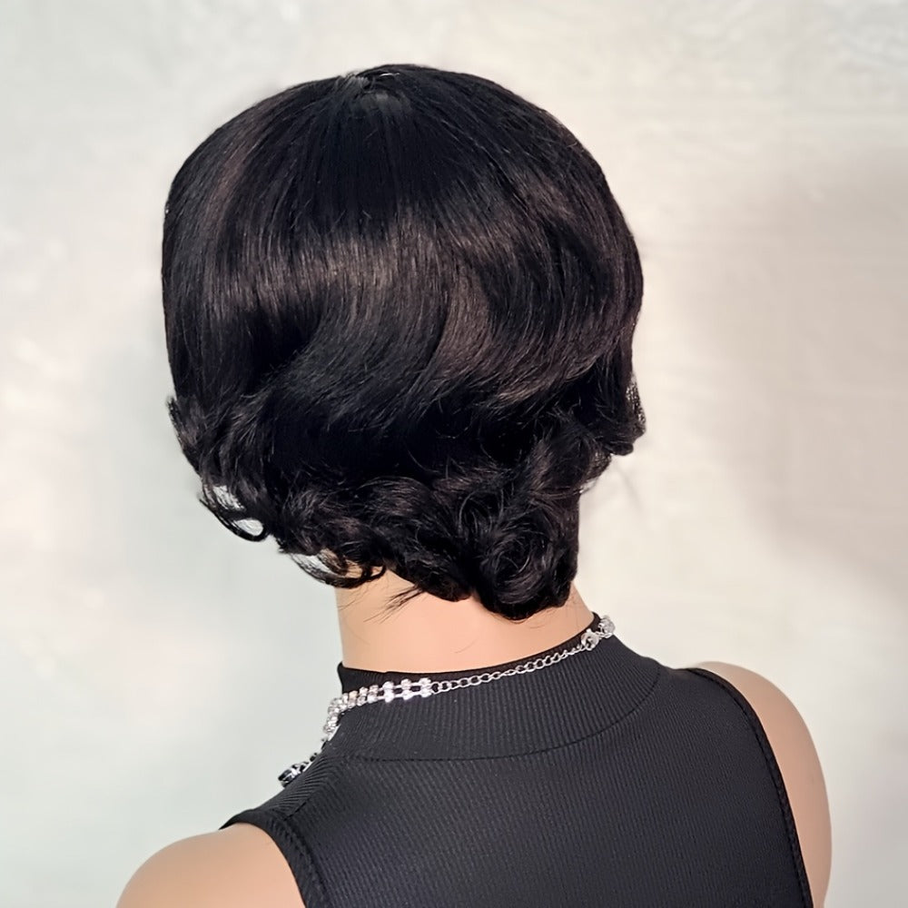 Pixie Cut Wig Human Hair with Bangs Glueless Short Brazilian Layered Machine Made Throw-On-and-Go Hairpiece Natural Black 1B 