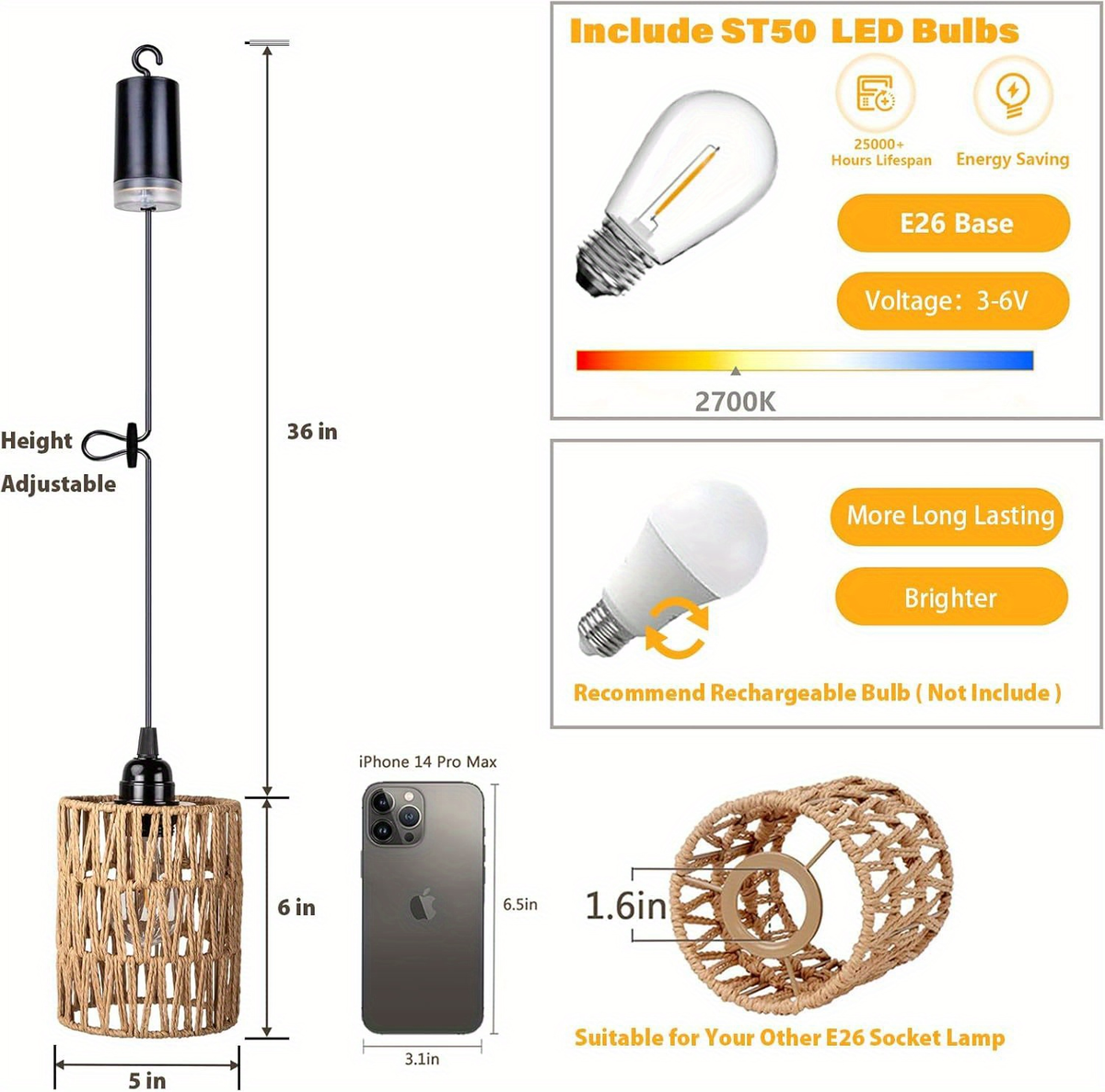 Battery Operated Pendant Light Rattan Boho Chandelier Hanging Light Warm White Bulb Wireless No-Wiring for Gazebo Pergola Por