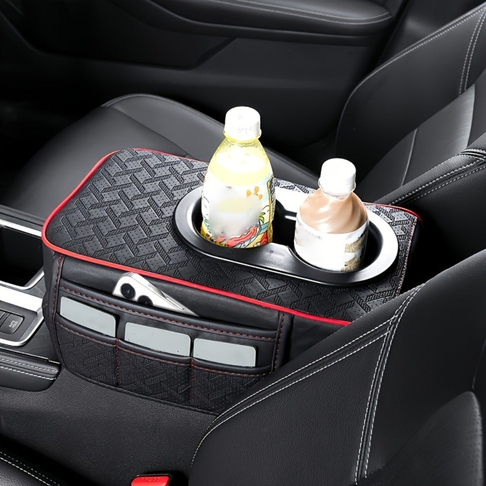Car Center Console Cover PU Leather – Universal Armrest Box Mat with 2 Cup Holders & 2 Side Pockets, Phone & Card Storage — i