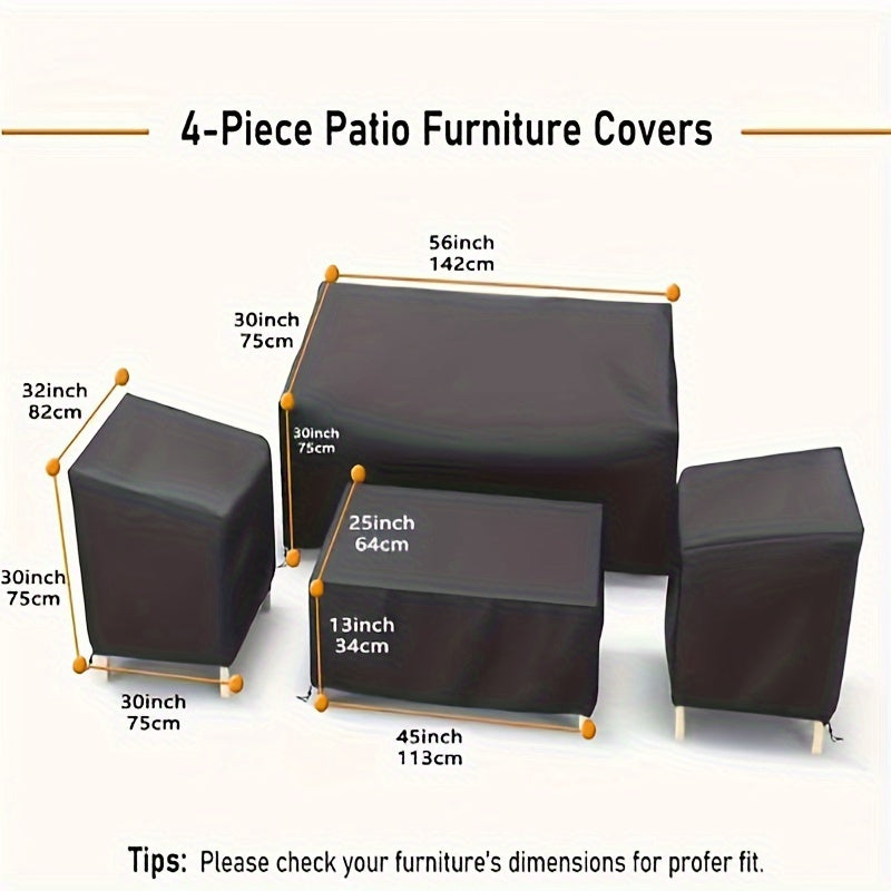 Four-Piece Black Patio Furniture Cover Set for Loveseat, Two Chairs and Coffee Table with Listed Dimensions — image 3