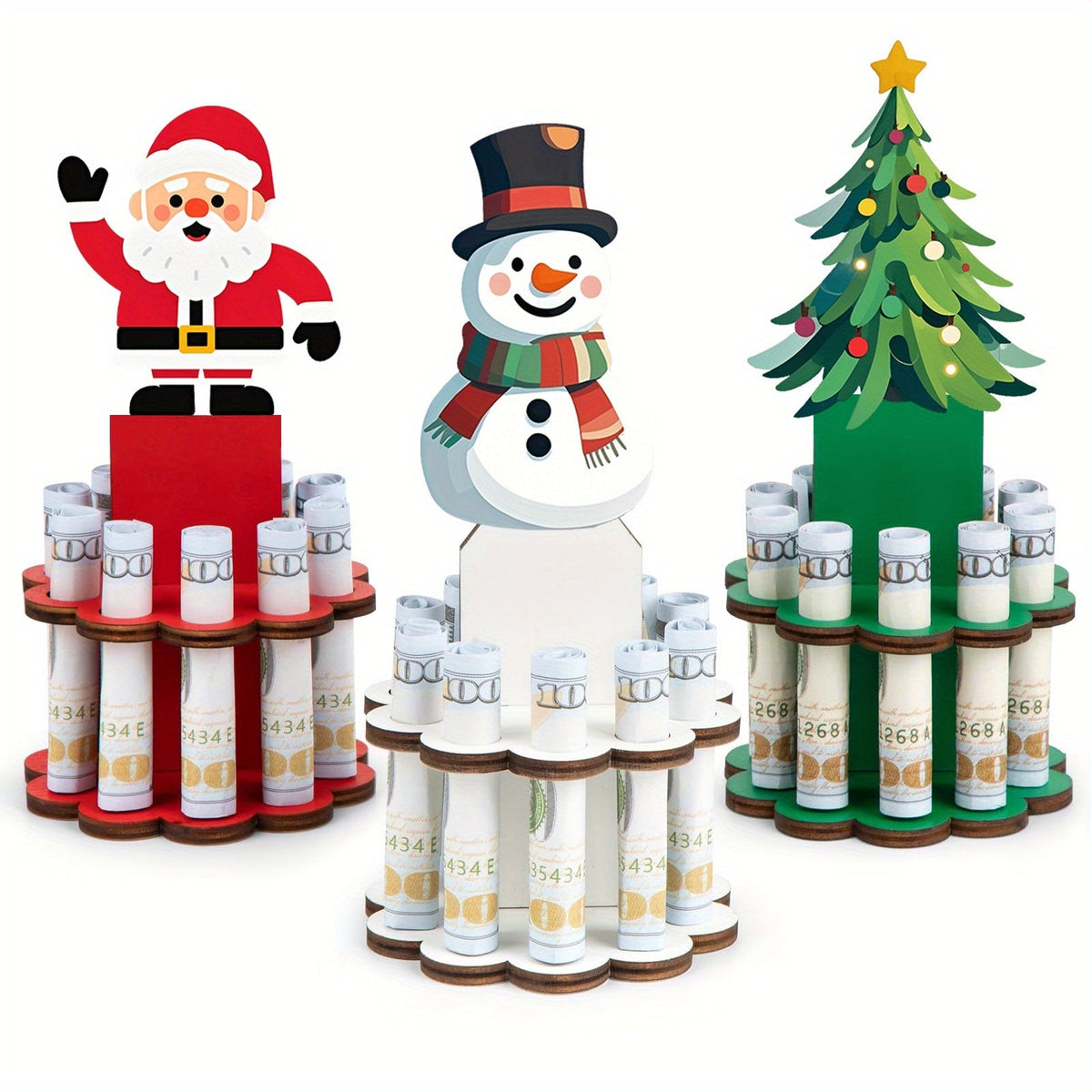 Three-Piece Santa, Snowman and Christmas Tree Rolled-Money Display Set with Ten Slots Each — image 1