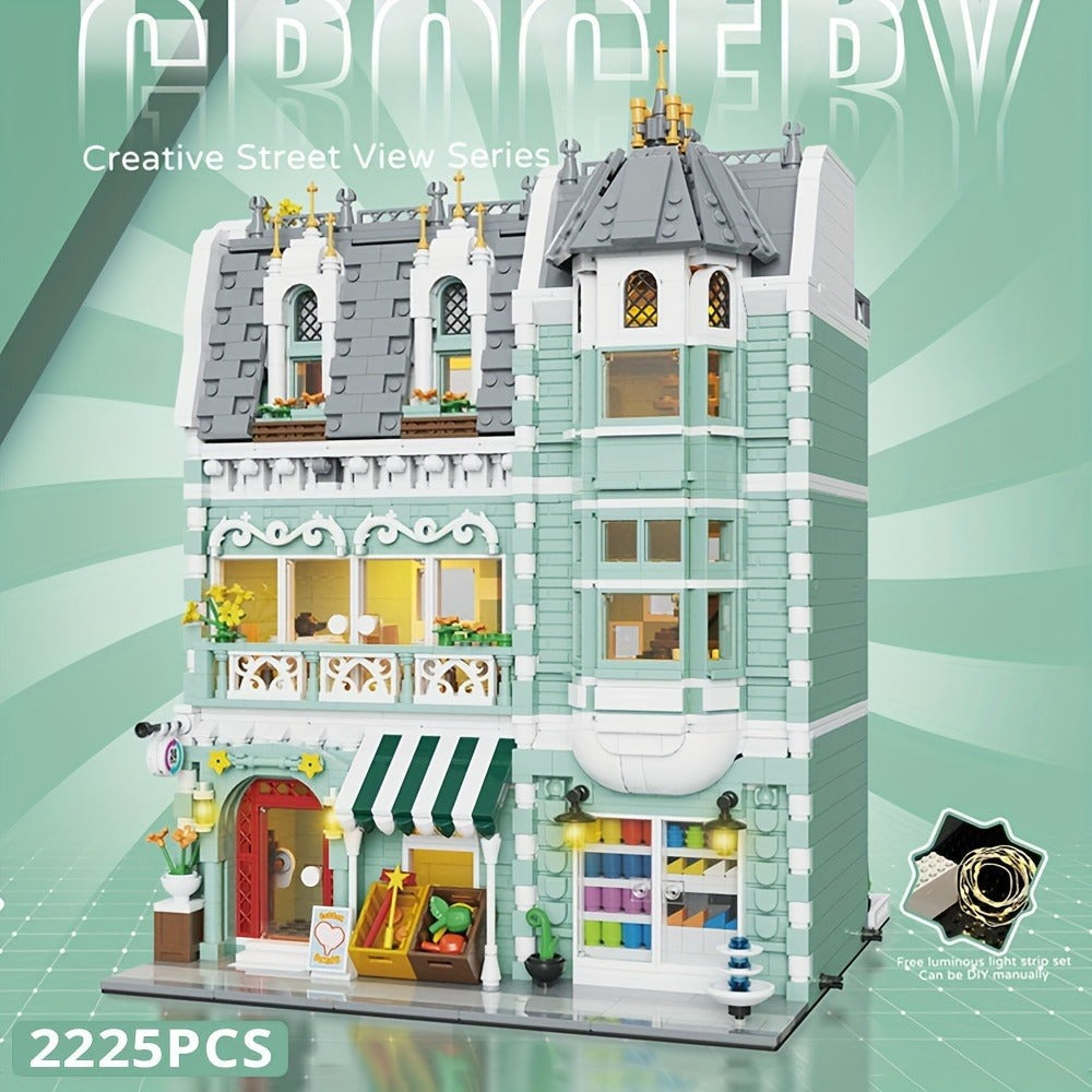 Modular City Building Blocks Set – European Architecture Grocery Store & Market Street, 3-Level Mini Brick Model Kit for Adul
