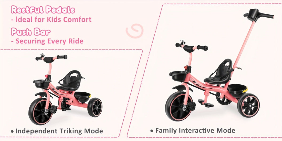 Push Handle Tricycle for Toddlers Girls Pink, 3 Wheel Trike Ages 18-60 Months with Padded Backrest — image 11