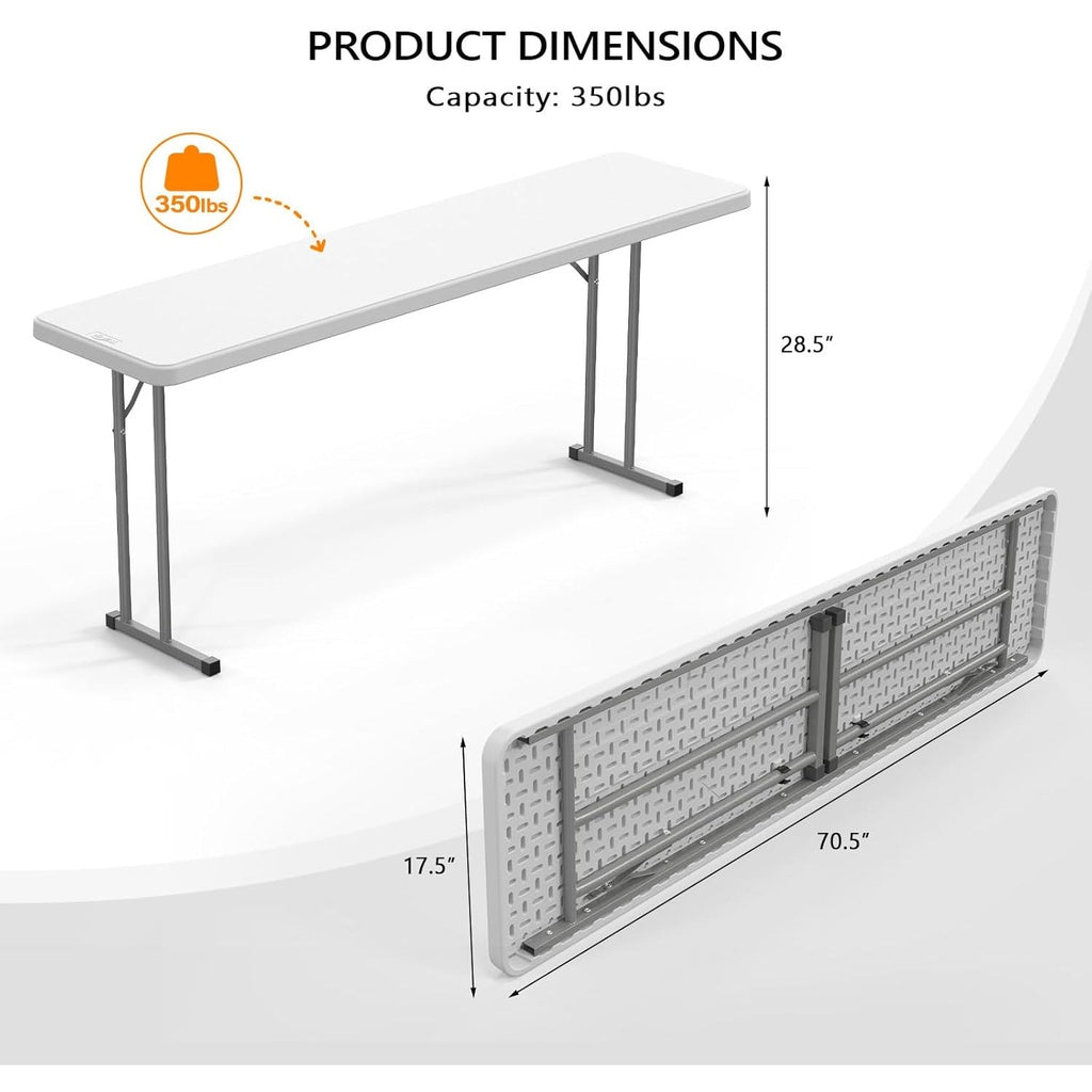 Narrow White 6-Foot Portable Folding Table with Rectangular Top and Folding Gray Leg Frame — image 4