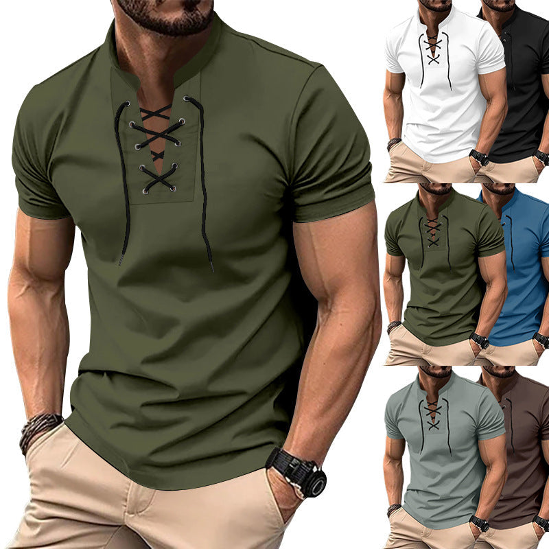 Men's Thin V-neck V-tie Casual Sporty Short Sleeve