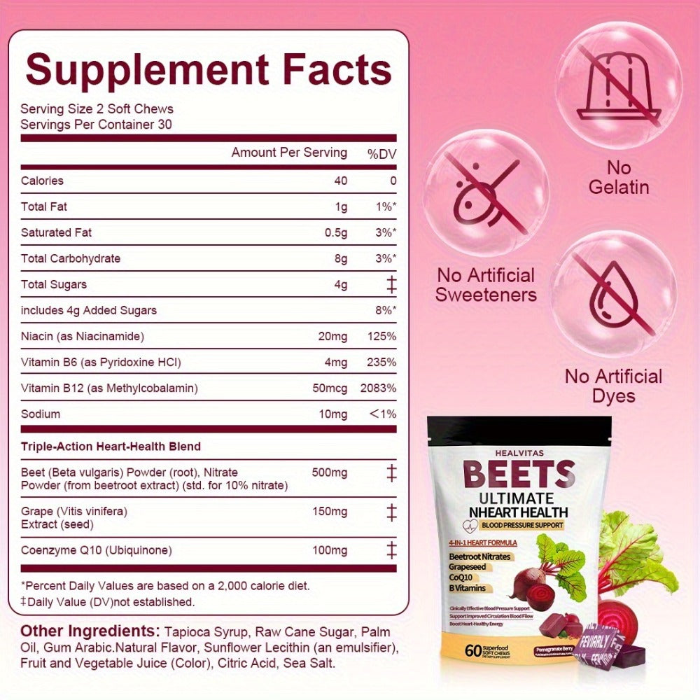 Super Beet Chewable Gummies with CoQ10 Grape Seed Extract & B Vitamins for Bath Time, Home Spa and Personal Care — image 9
