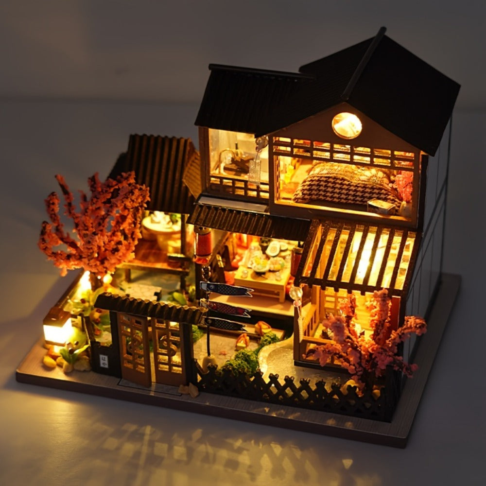 DIY Miniature House Kit, Sakura Garden Villa Wooden Dollhouse with Full Furniture & Accessories, Japanese Cherry Blossom Styl