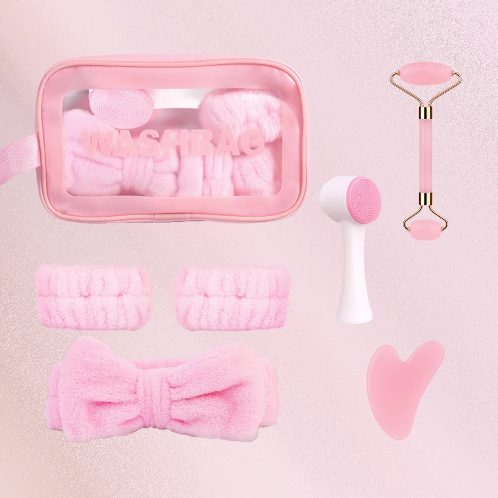 Facial Cleansing Massage Set 7Pcs Silicone Face Brush Double-Headed Roller Massager Heart Scraping Board Wristbands Hair Band