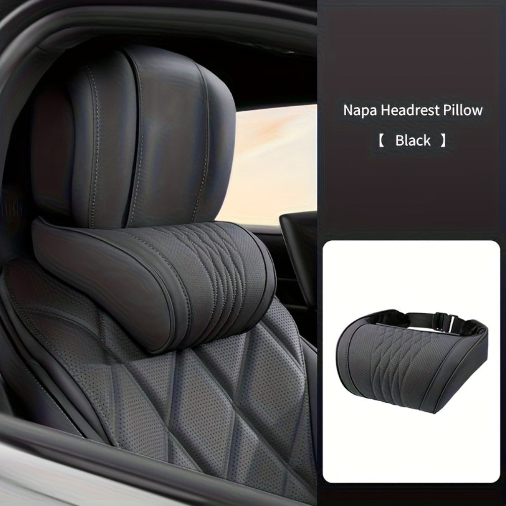 Car Neck Pillow Nappa Leather Headrest – Memory Foam Lumbar Support with Embroidery, All-Season Universal Car Interior Access