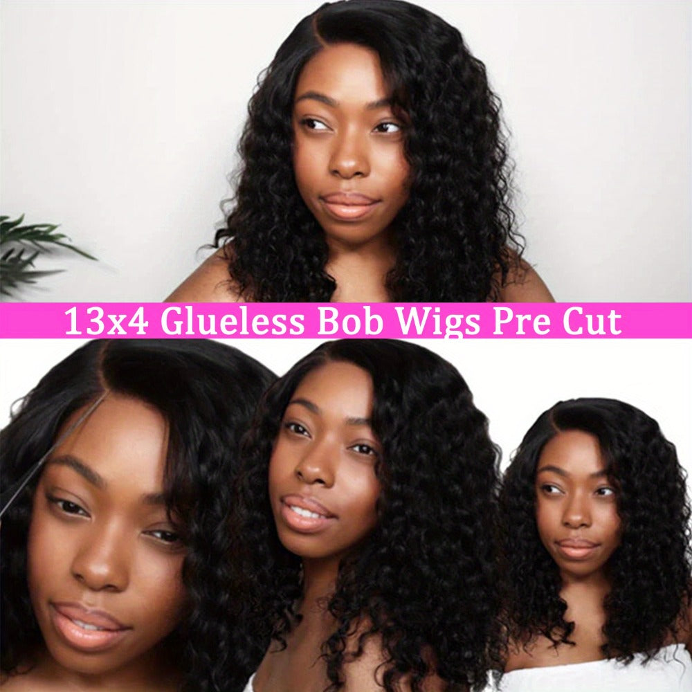 Glueless Bob Wig Human Hair 13x4 Pre Cut Lace 200% Density Wear and Go Deep Wave Body Wave Pre, for Home, Travel and Salon Ha