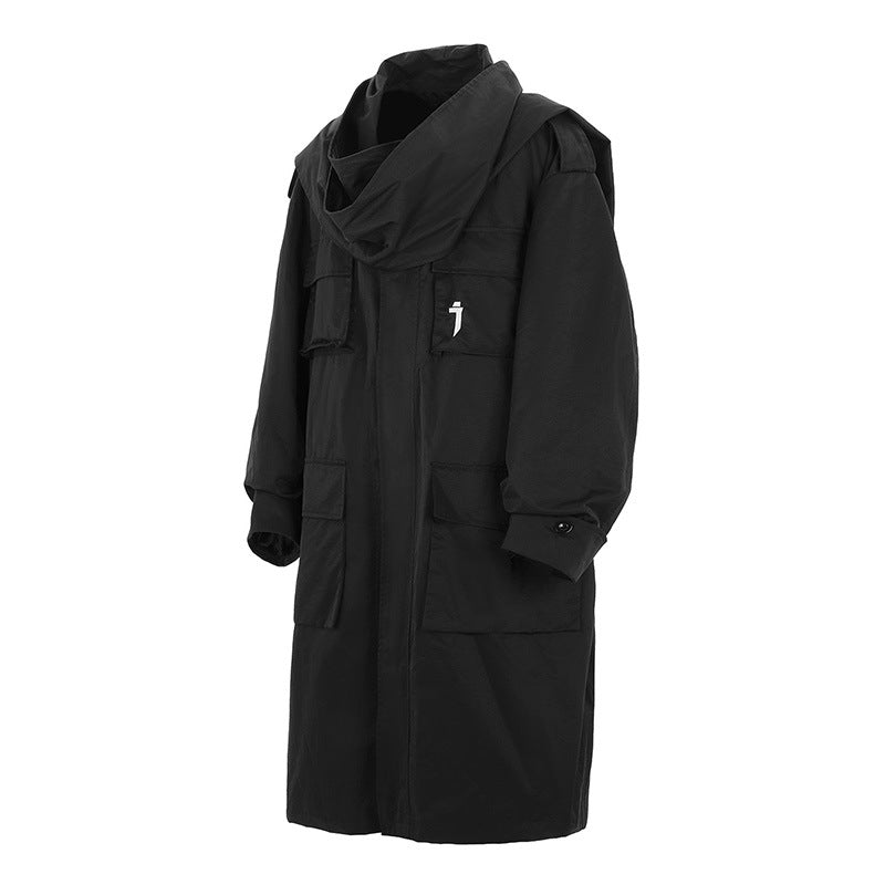 Multi-pocket Scarf Long Trench Coat For Men Loose Casual Jacket