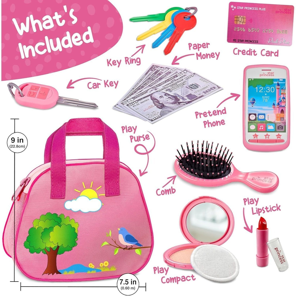 Girls Play Purse Set with Accessories 9pcs, Pretend Makeup, Toy Keys, Fake Phone & Credit Card, Toddler Dress Up Handbag Role