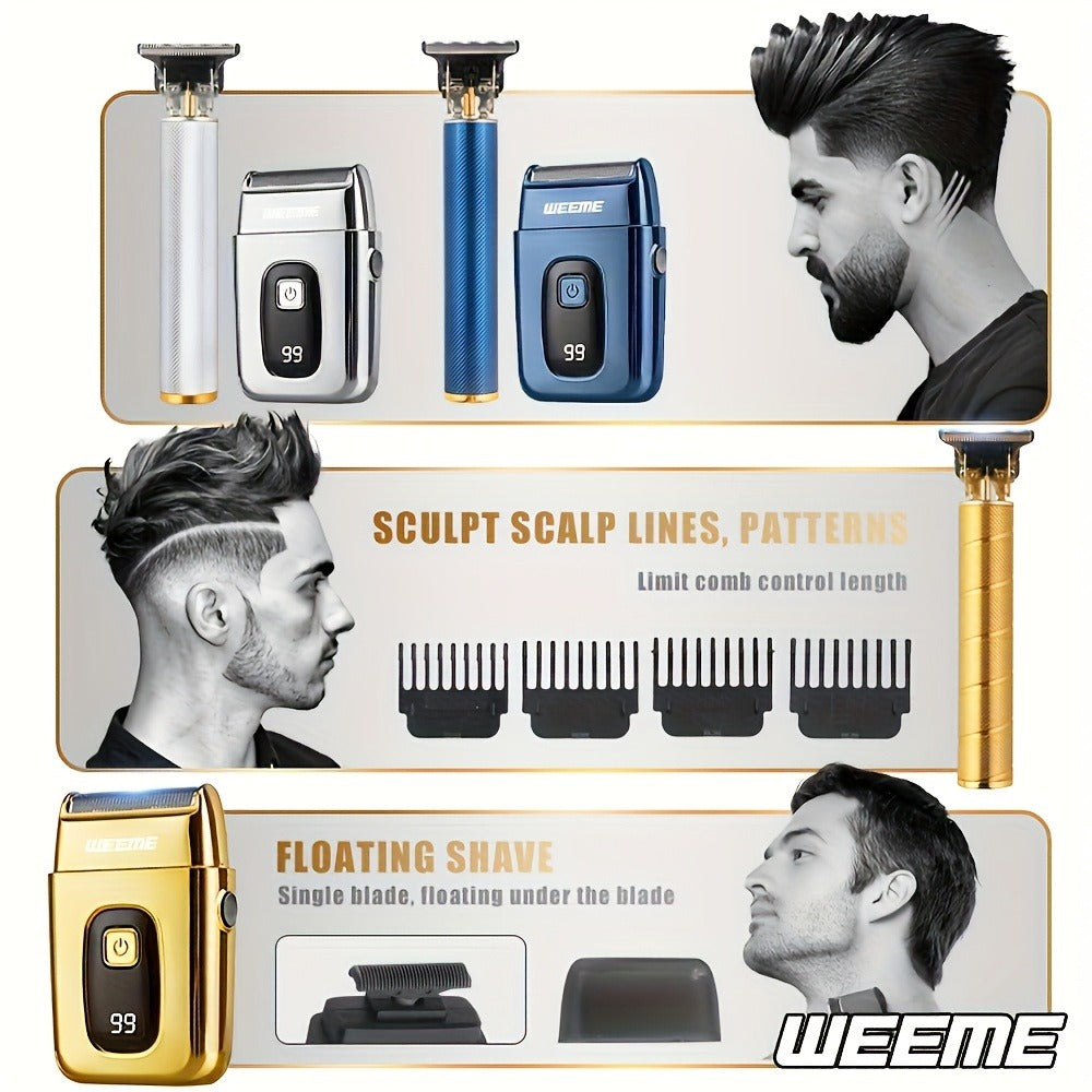 Hair Clipper WEEME Gold or Blue Three-Tool Grooming Set with LCD Display, USB Charging and Guide Combs — image 3