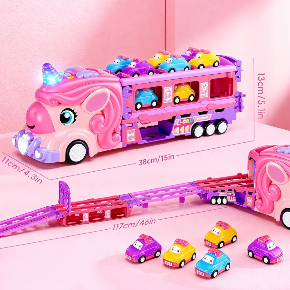 Pink Unicorn Monster Truck Track Set with 8 Princess Cars, Lights & Sounds with the Listed Color, Size or Set Options for Eve
