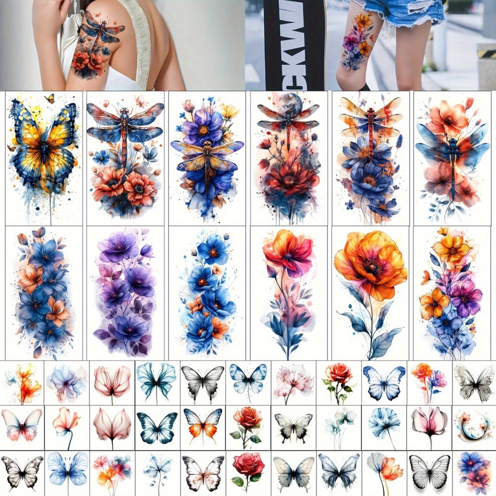 Temporary Tattoos GLARYYEARS 45-Sheet Watercolor Floral Set with 12 Large and 33 Small Designs for Arm, Wrist and Shoulder — 