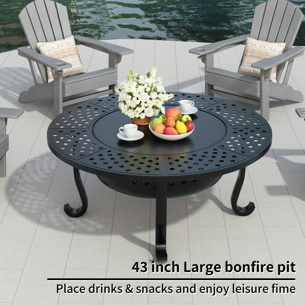 43-Inch Round Fire Pit Table with Two Cooking Grates, Center Lid, Perforated Bowl and Long Poker — image 2