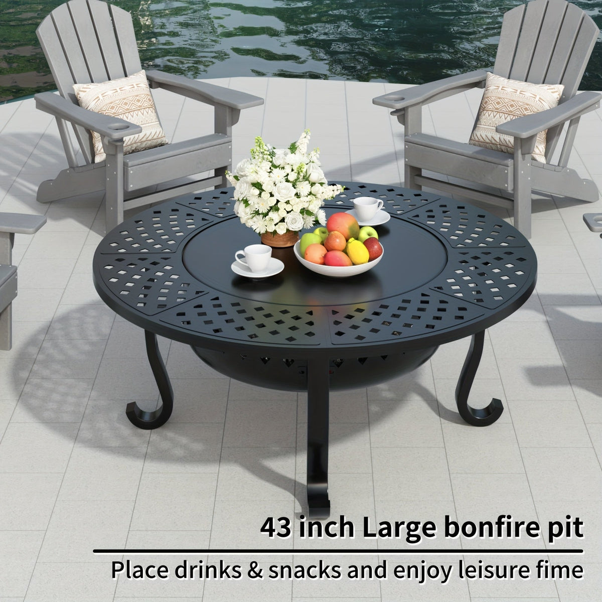 43-Inch Round Fire Pit Table with Two Cooking Grates, Center Lid, Perforated Bowl and Long Poker — image 2