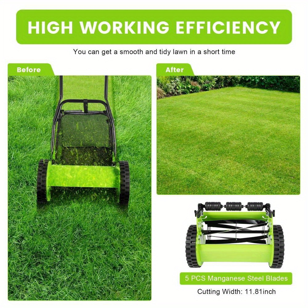 Manual Reel Lawn Mower 5-Blade Push Mower 11.8-Inch Cutting Width Adjustable Height 0.47"-1.77" for Garden, Patio and Yard Us