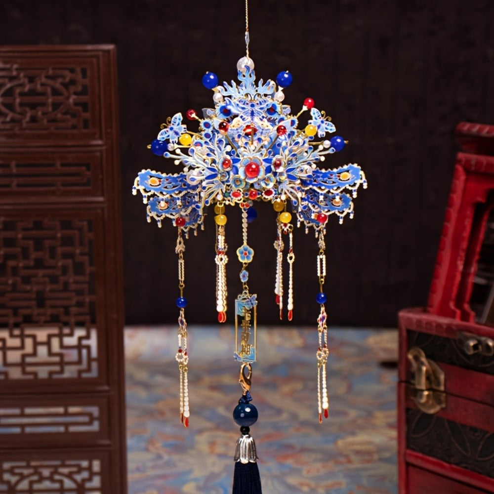 3D Metal Puzzle Phoenix Crown Qingluan – Blue & Gold DIY Assembly with Beads & Tassels, Chinese Mythology Art Collectible — i