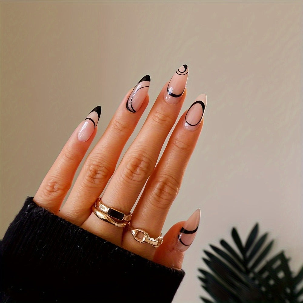 Press On Nails 144-Piece Short Almond Set with Pink Flowers, Rhinestones, Black French Tips and Glue — image 13
