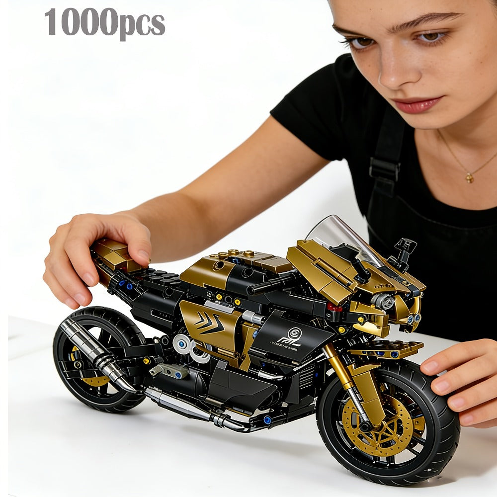 1000PCS Motorcycle Building Blocks 1:10 Scale DIY Black & Gold Motorbike Model Kit – Adult Collector Display Ornament — image