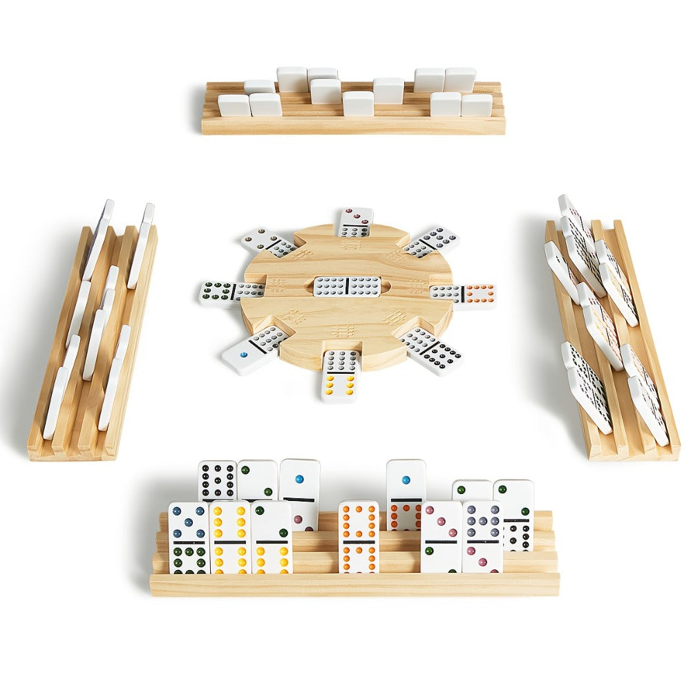 Mexican Train Dominoes Double 12 Set – 91 Colorful Tiles, 9 Metal Trains & 4 Wooden Racks, Complete Strategy Board Game with 
