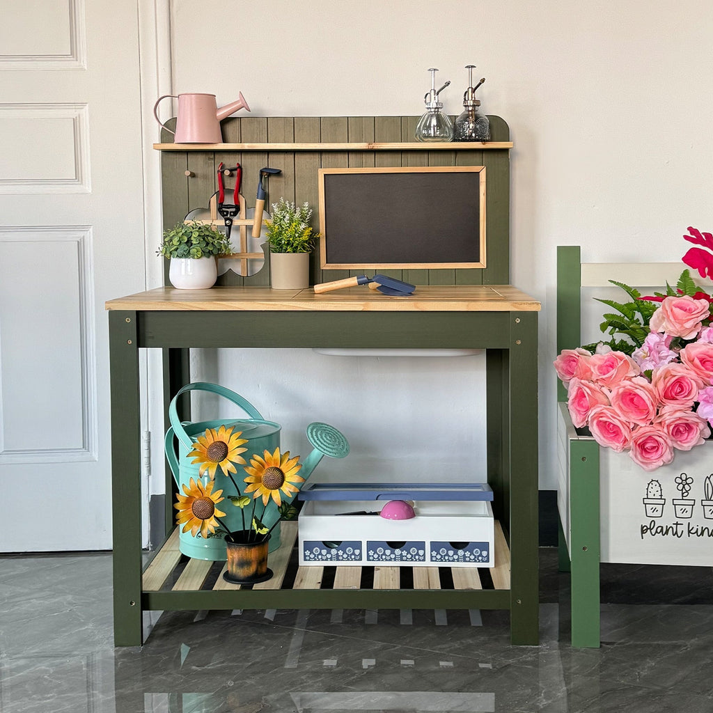 Potting Bench with Blackboard Removable Sink Hooks Double Shelf for Garden — image 1