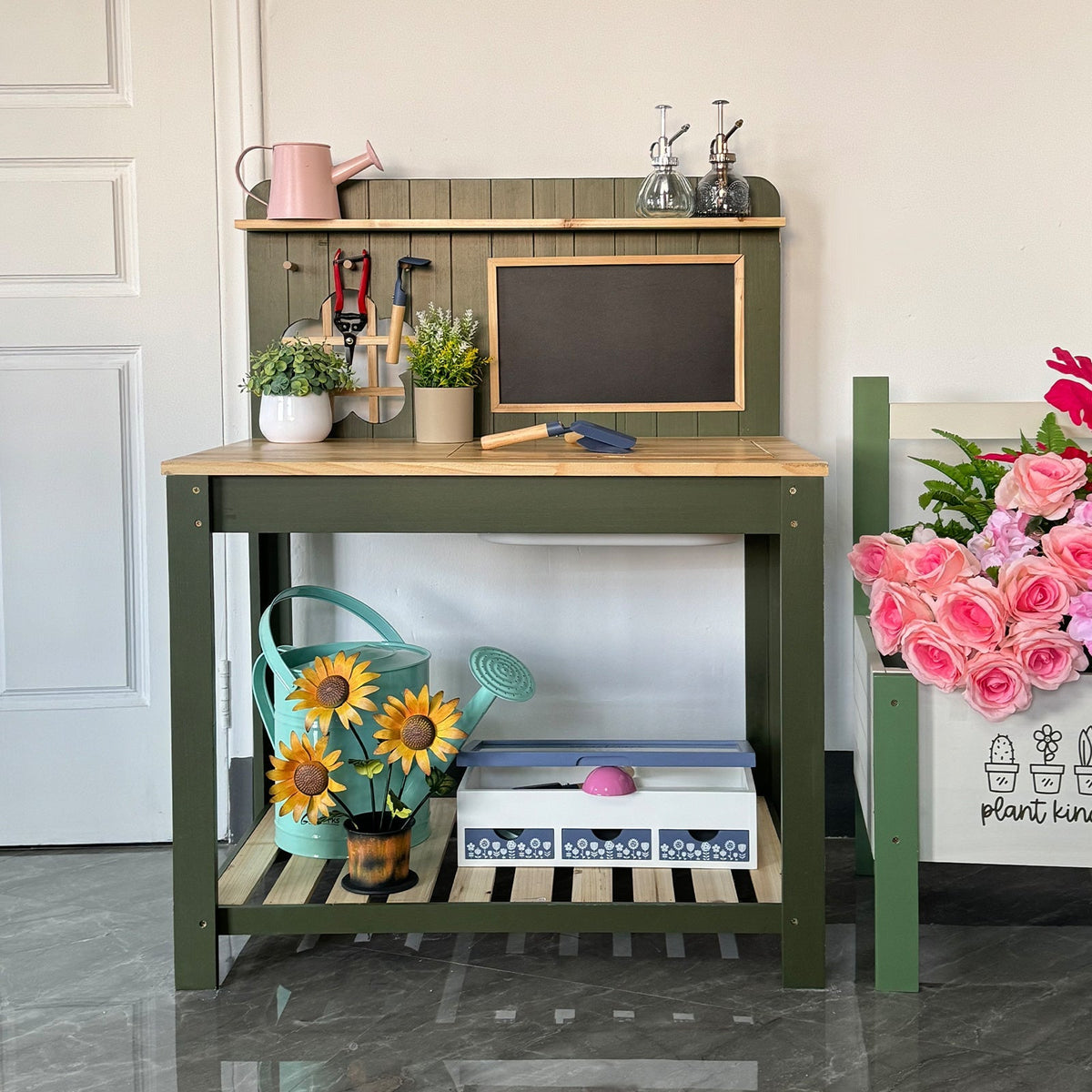 Potting Bench with Blackboard Removable Sink Hooks Double Shelf for Garden — image 1