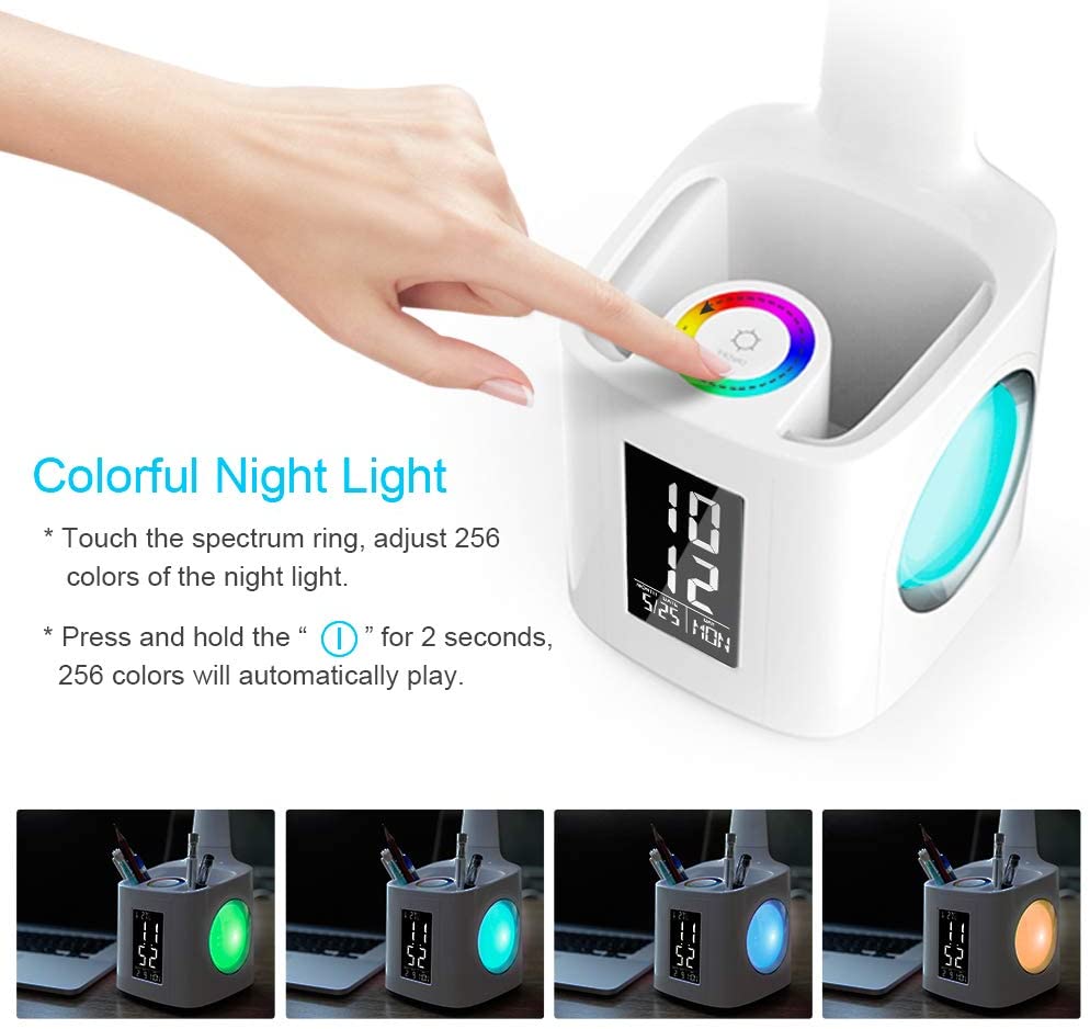 Study LED Desk Lamp USB Charging Port&Screen&Calendar&Colors Night Light Kids Dimmable Table Lamp With Pen Hold
