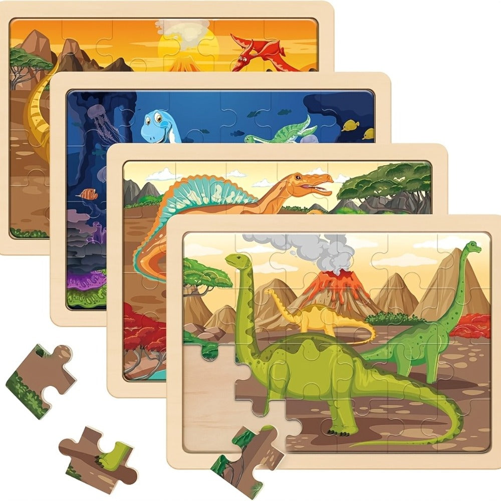 Dinosaur Puzzle Set for Kids Ages 3-8 Wooden 4-in-1 Jigsaw with 24 Pieces Each, Colorful Preschool Educational Toy for Boys &