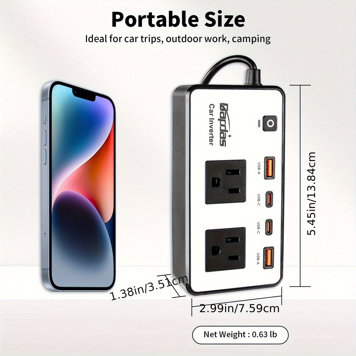 Car Inverter 200W DC 12V to AC 110V with Dual AC Outlets 24W USB-C Fast Charging 4 USB Ports Portable for Garden, Patio and Y