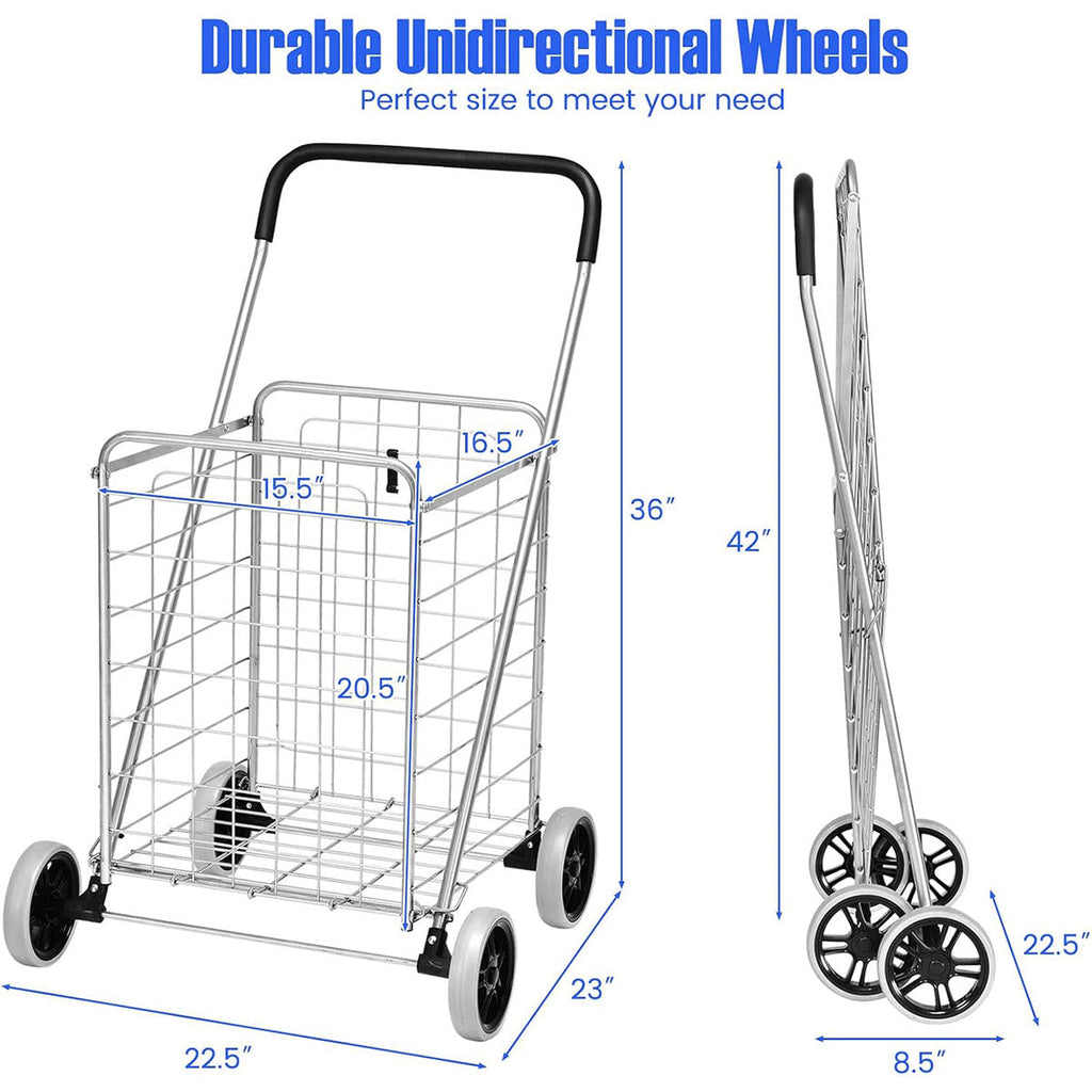 Rolling Shopping Cart Metal Basket, Foldable Grocery Utility Cart with Foam Handle Large Wheels 22 Gal for Supermarket Laundr