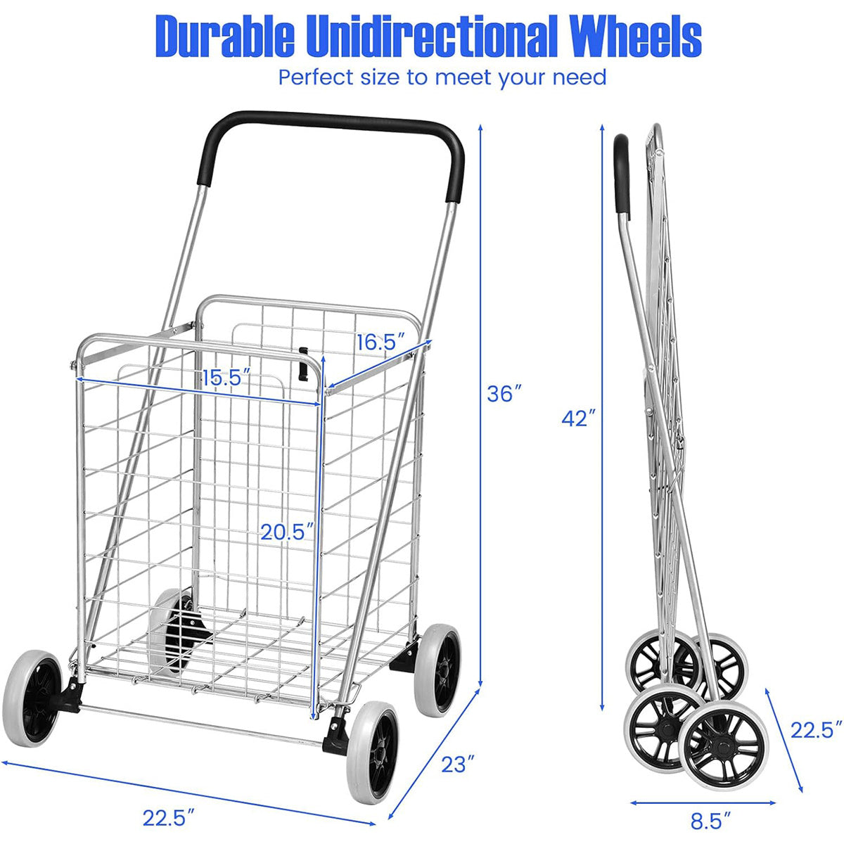 Rolling Shopping Cart Metal Basket, Foldable Grocery Utility Cart with Foam Handle Large Wheels 22 Gal for Supermarket Laundr