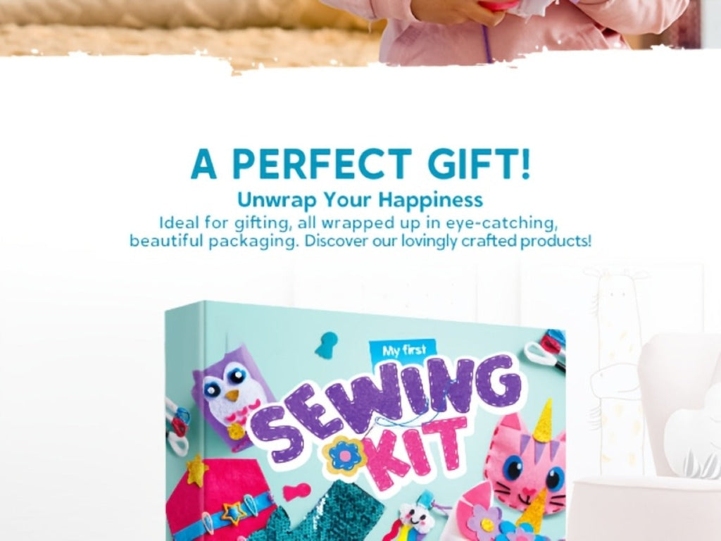 Kids Sewing Kit for Beginners 7 Felt Craft Projects, Pre-Punched Holes Safe Needles Mini Pillow Keychain Card Holder Cup Slee
