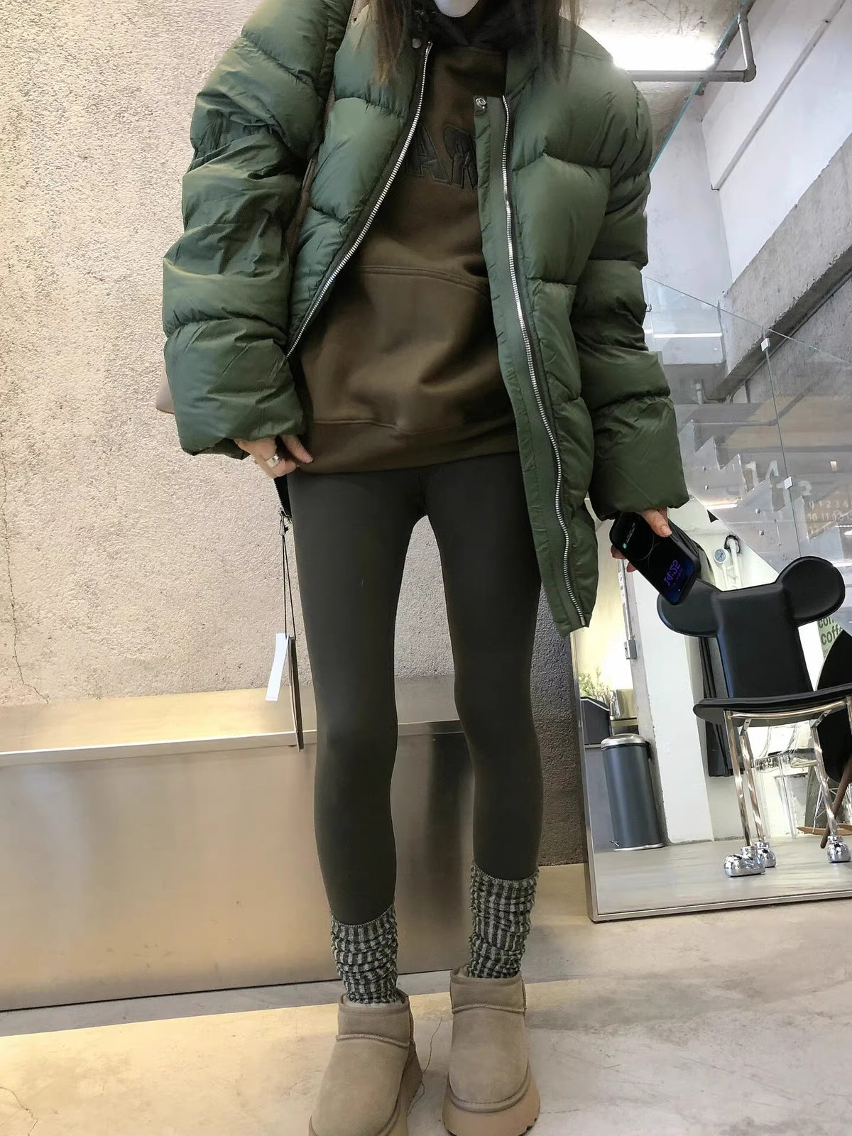 Warm Dark Green Collarless Cotton Coat Jacket Women