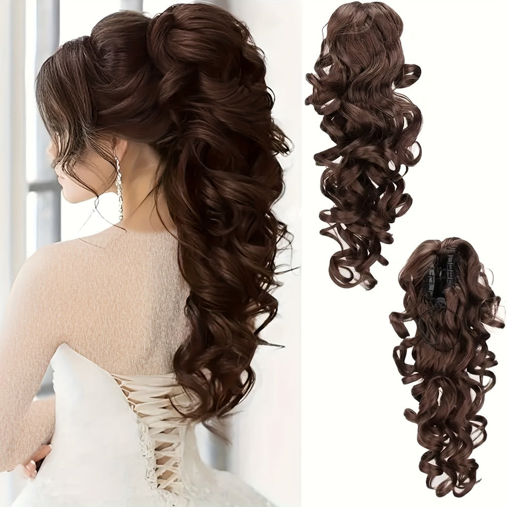 Scroll Curl Claw Clip Ponytail Extension Gradient Color 16 Inch | Synthetic Heat Resistant Hairpiece 5 Colors Linen Brown Gol