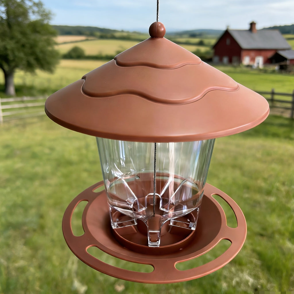 Hanging Bird Feeder with Tiered Roof, Clear Seed Chamber and Brown, Grey or Green Finish Options — image 11