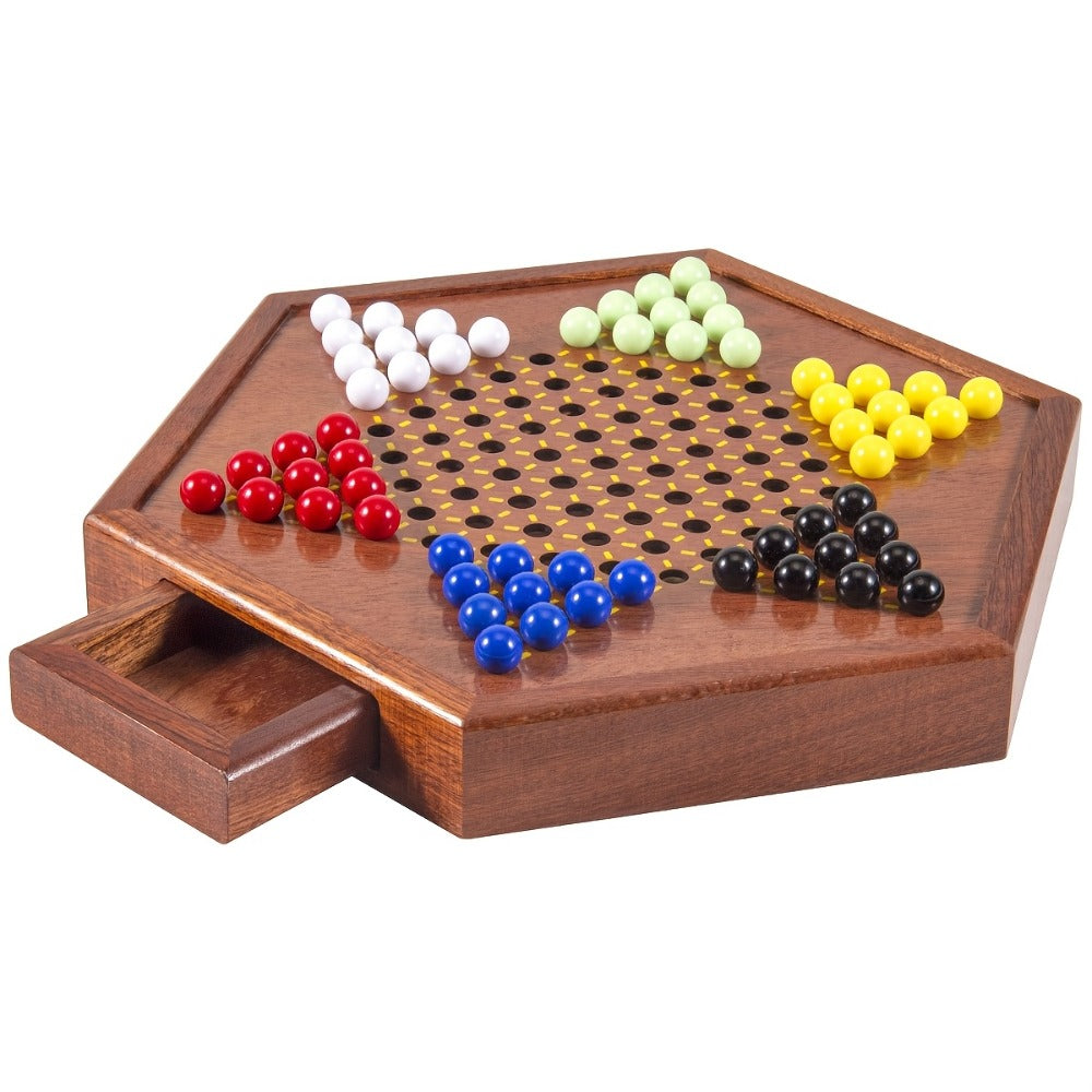 Deluxe Wooden Chinese Checkers Game Set 12.5 Inch Hexagonal Board with Storage Drawer 60 Acrylic Marbles — image 1