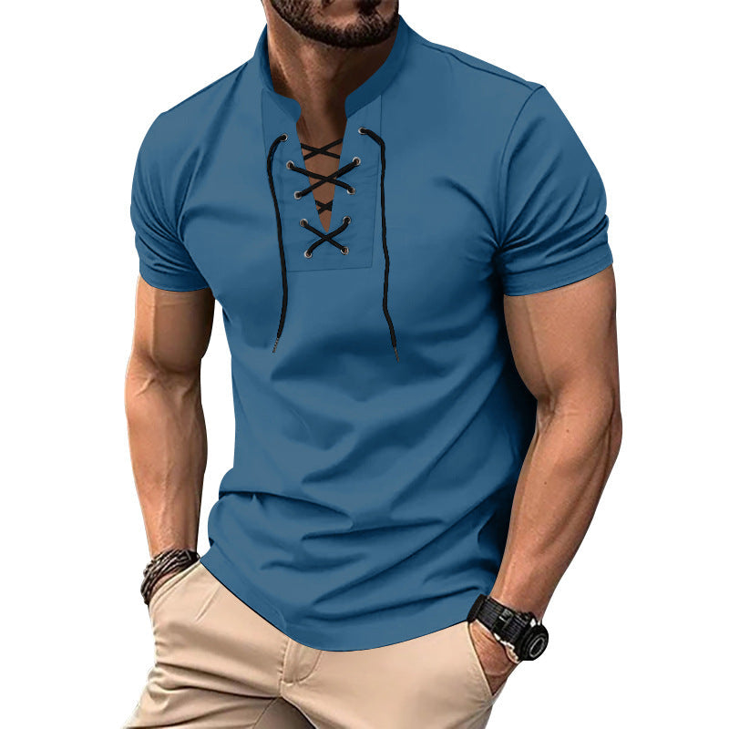 Men's Thin V-neck V-tie Casual Sporty Short Sleeve