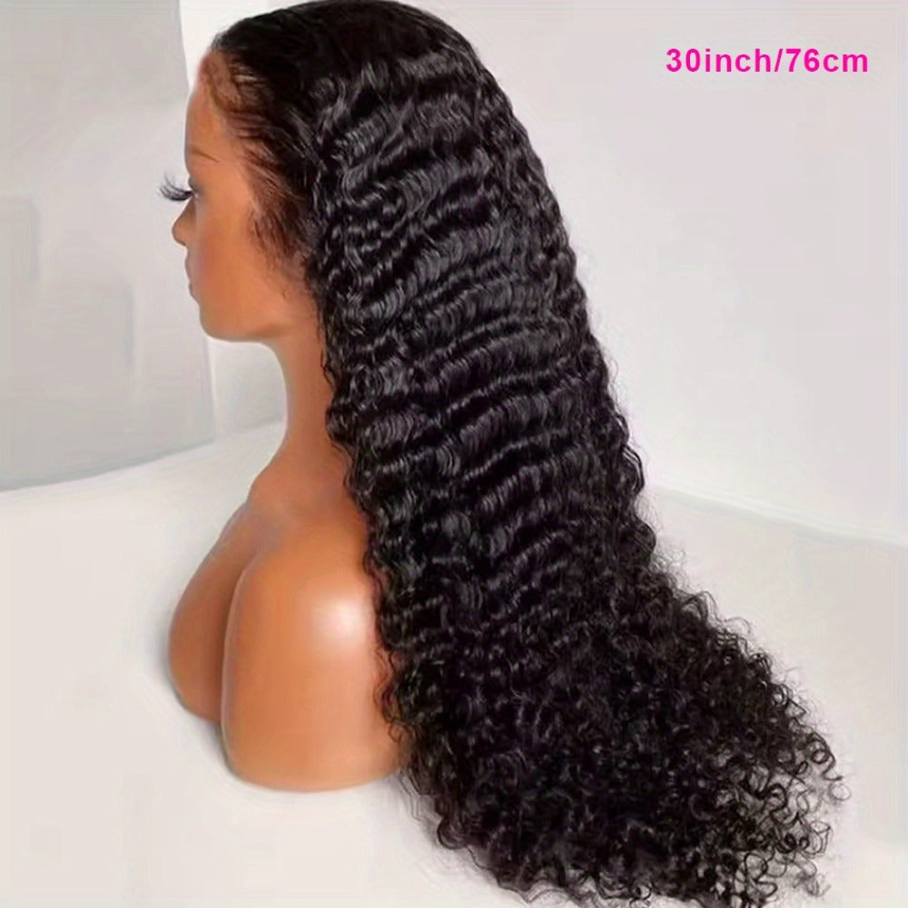 Lace Front Wig Deep Wave Human Hair, 28- or 34-Inch Natural Black with 13x4 HD Front and 250% Density — image 4