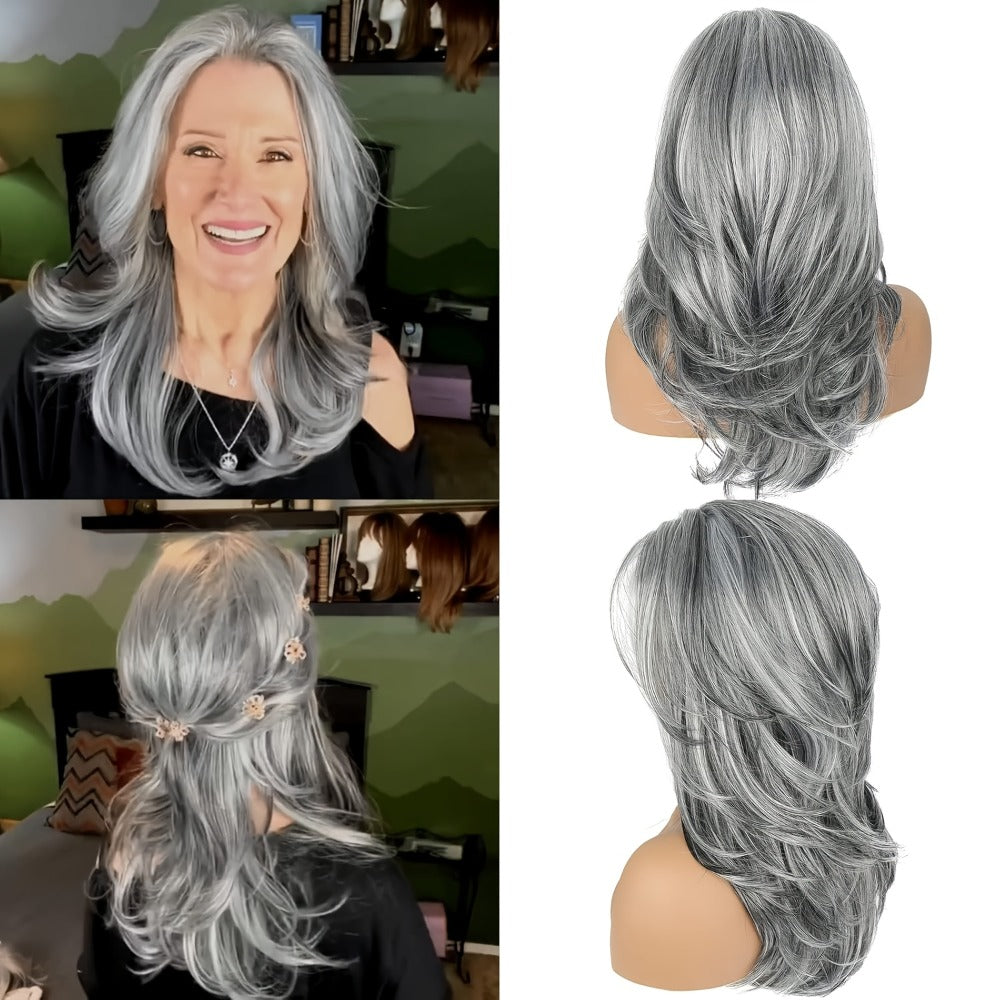 Synthetic Wig 18-Inch Layered Silvery Waves with Highlights in Two Colors and Rose Net Cap — image 3