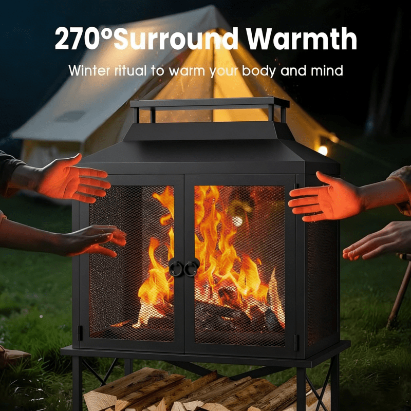 Outdoor Fireplace 39 Inch Rectangular Wood Burning Fire Pit with Grill, Spark Screen & Poker — image 7