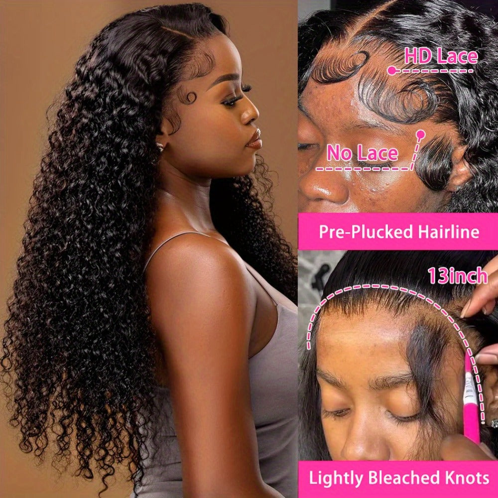 Lace Front Wig Deep Wave Human Hair, 28- or 34-Inch Natural Black with 13x4 HD Front and 250% Density — image 5