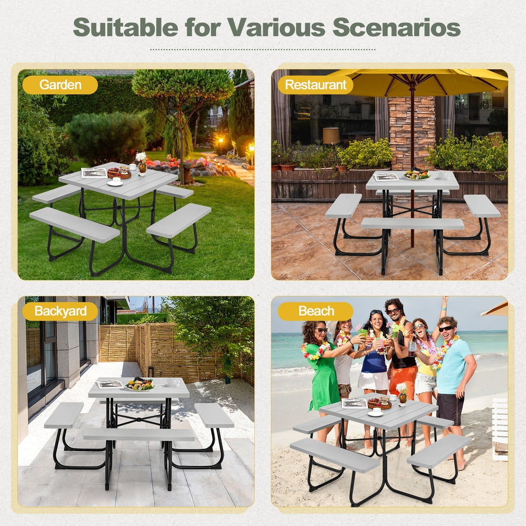 Outdoor Picnic Table 8-Person, Square HDPE Table with 4 Built-in Benches, Umbrella Hole, Metal Frame — image 7