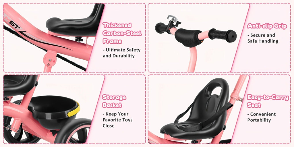 Push Handle Tricycle for Toddlers Girls Pink, 3 Wheel Trike Ages 18-60 Months with Padded Backrest — image 10